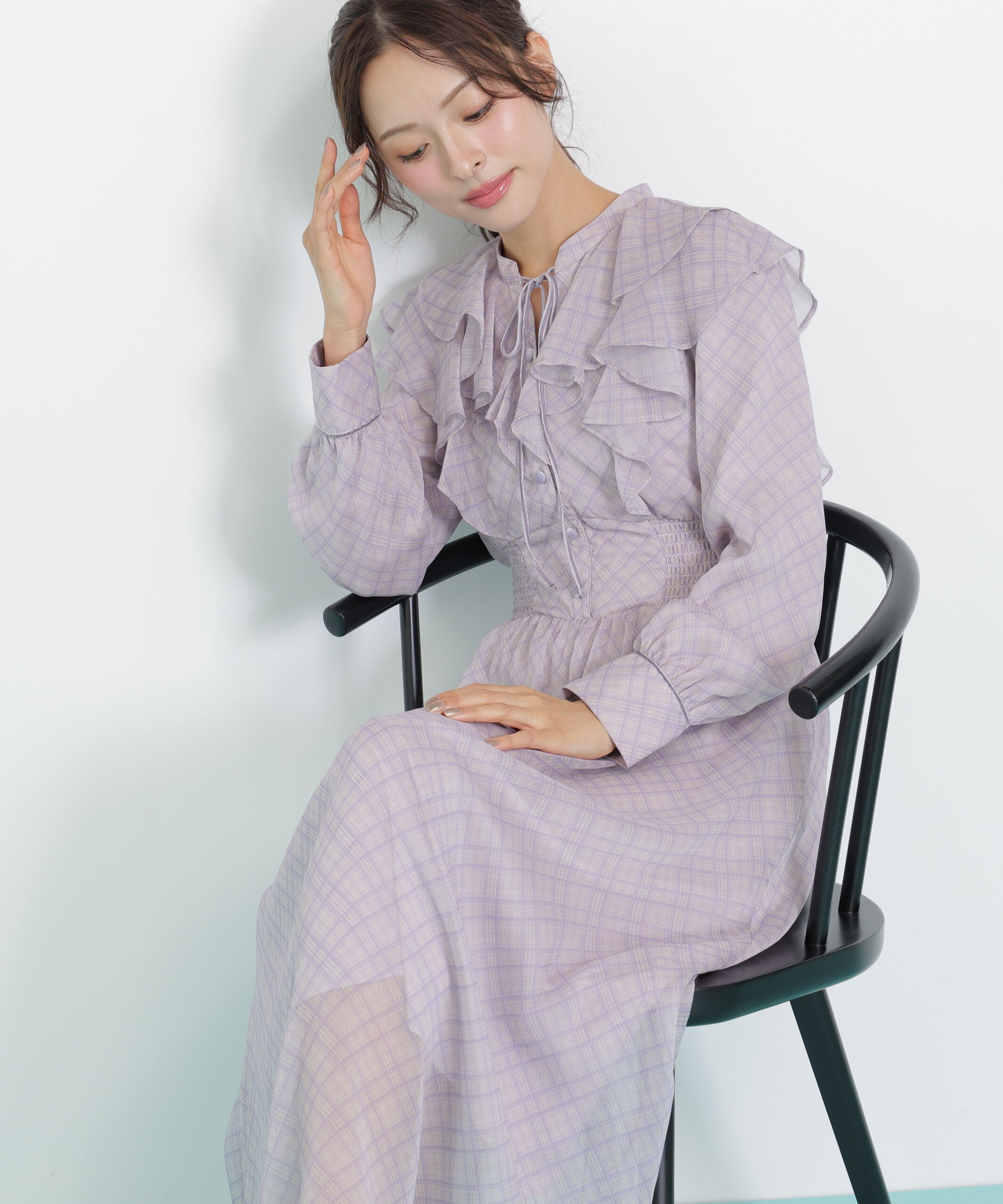  「ベロア配色チェックラッフルワンピース」|ワンピース|