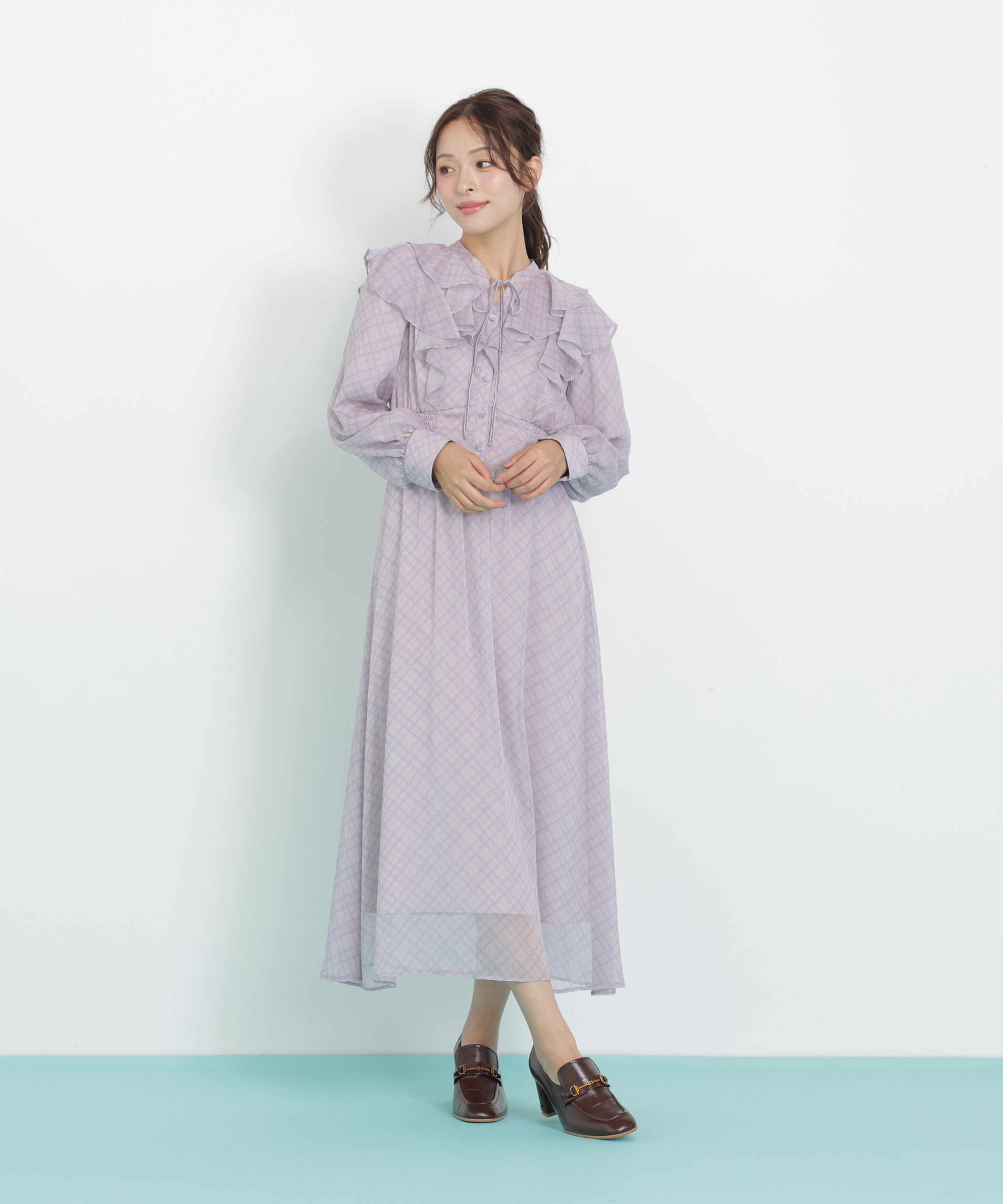  「ベロア配色チェックラッフルワンピース」|ワンピース|