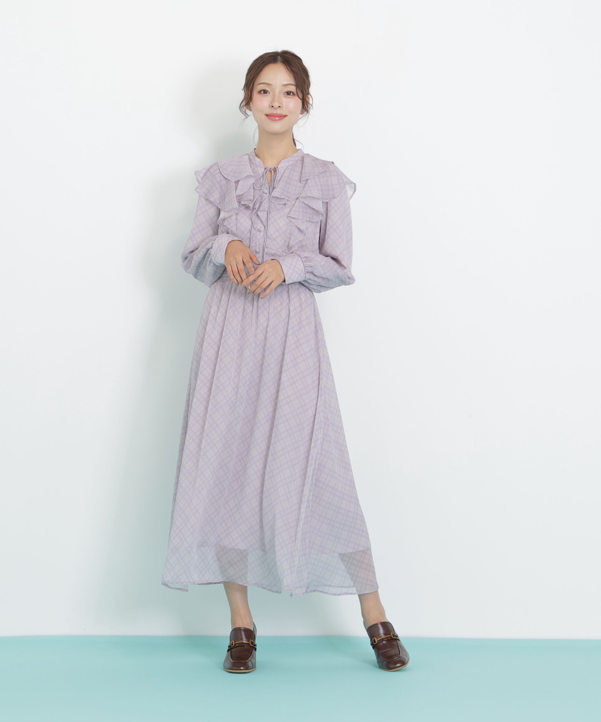  「ベロア配色チェックラッフルワンピース」|ワンピース|