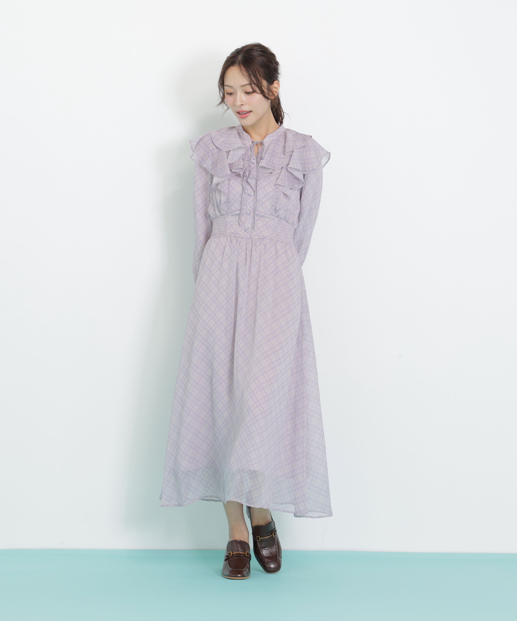  「ベロア配色チェックラッフルワンピース」|ワンピース|