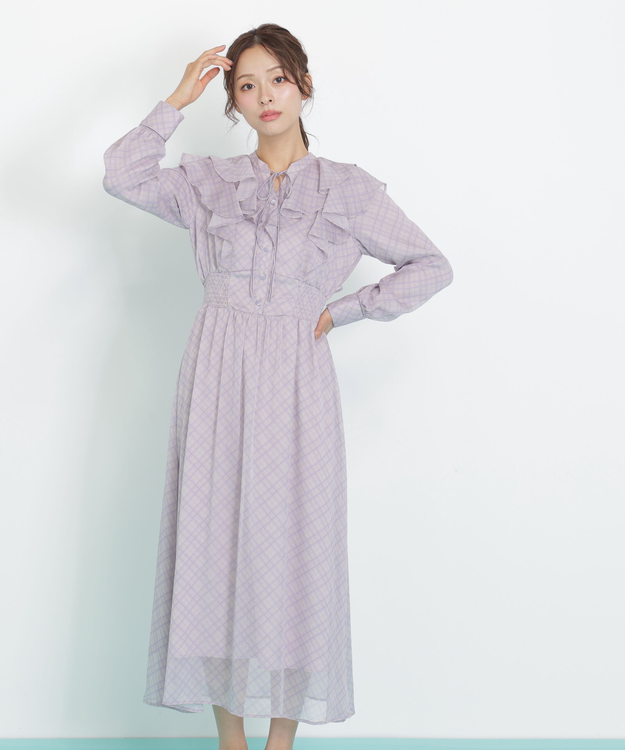  「ベロア配色チェックラッフルワンピース」|ワンピース|