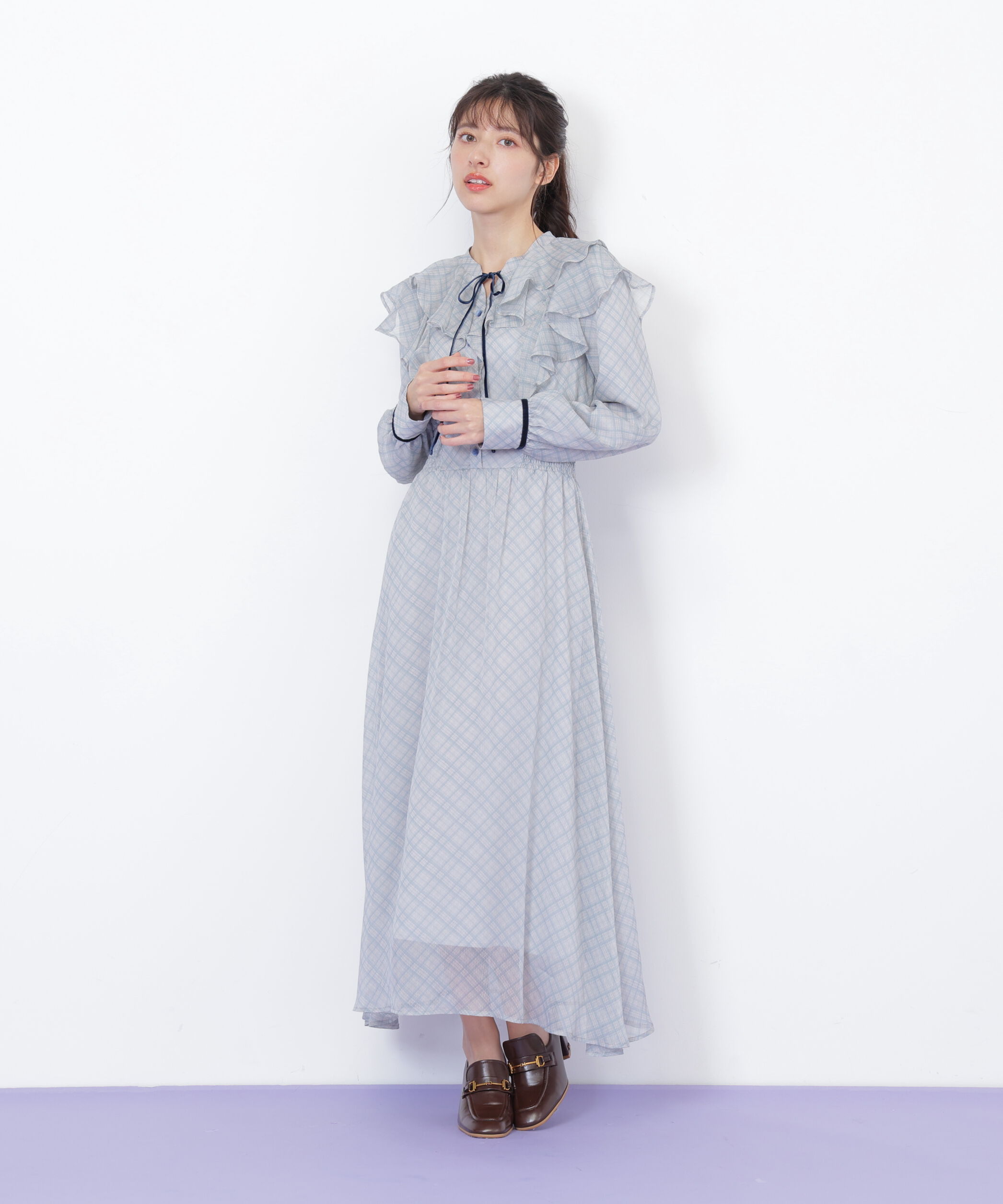  「ベロア配色チェックラッフルワンピース」|ワンピース|