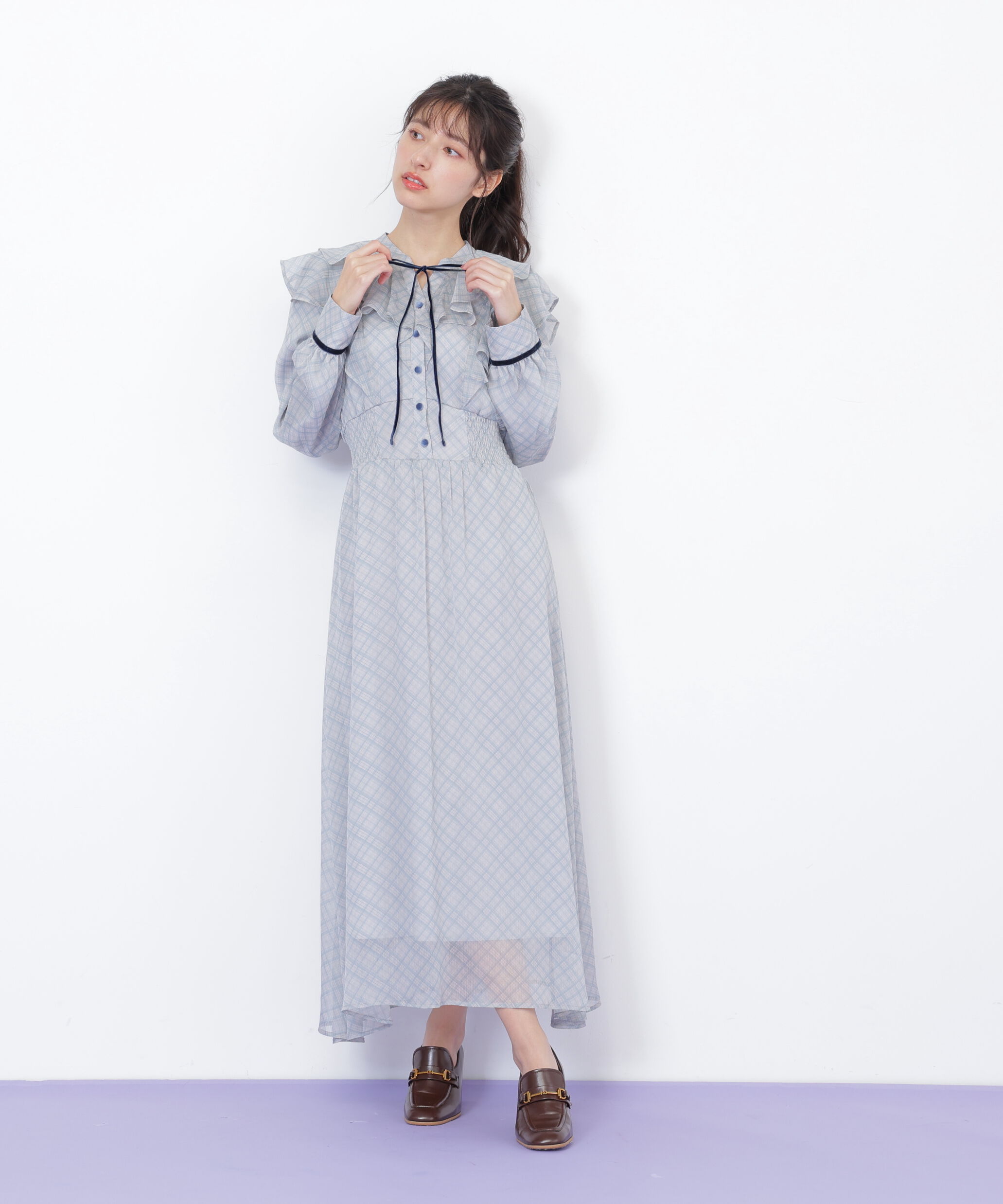  「ベロア配色チェックラッフルワンピース」|ワンピース|