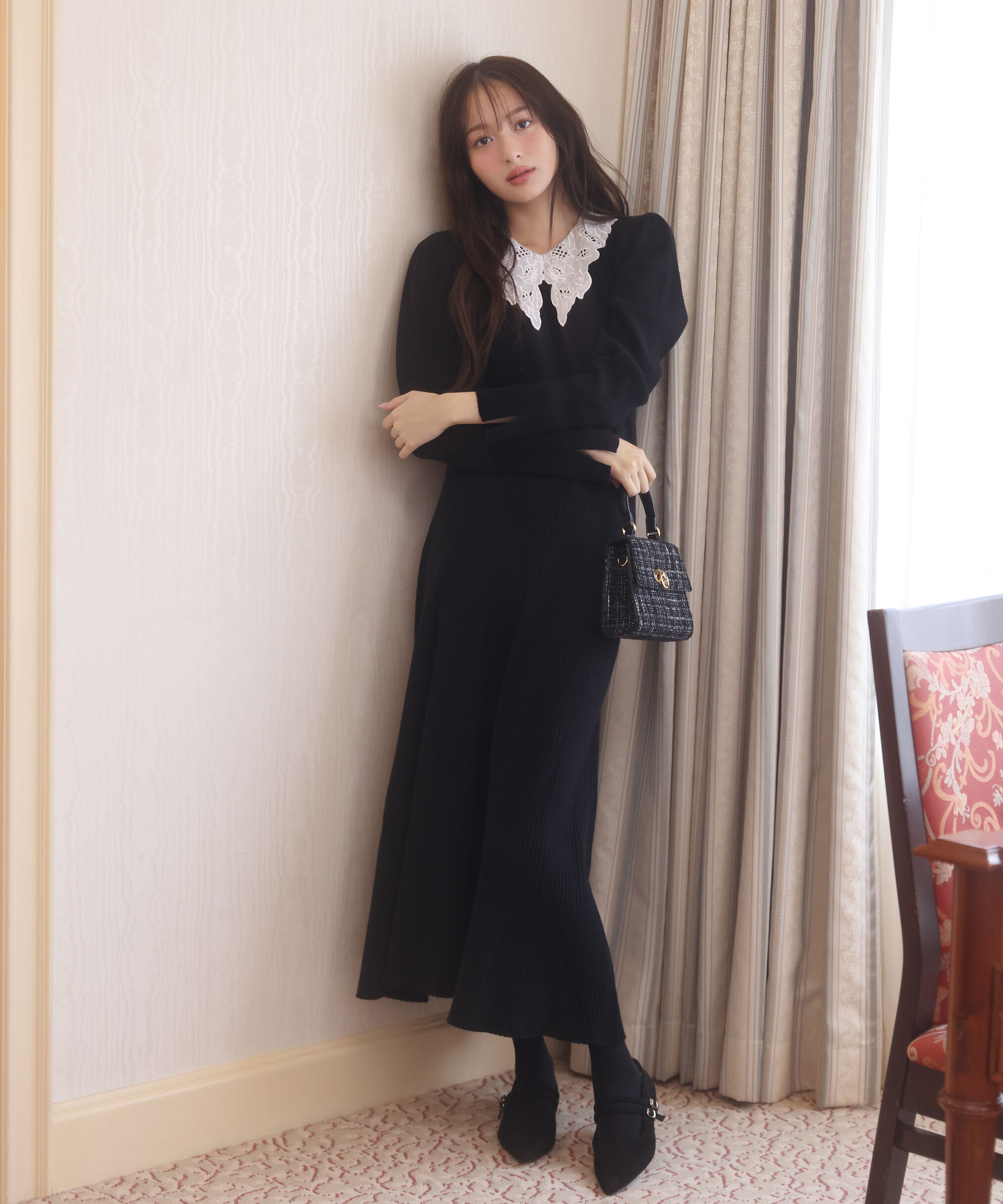 PROPORTION BODY DRESSING「レース襟付きニットワンピース」|ワンピース|ブラック