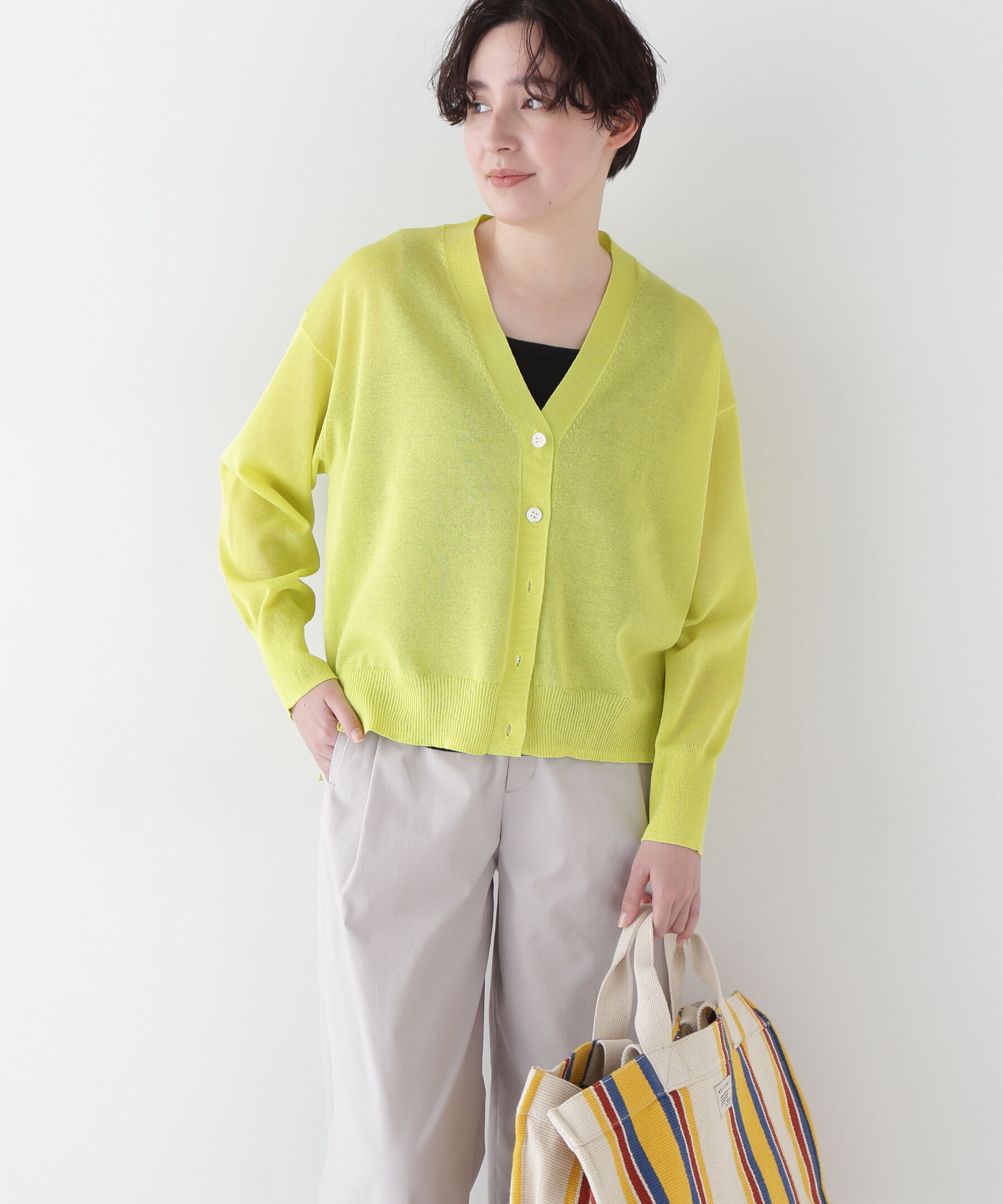  「◆【ウォッシャブル】シアーハイゲージ長袖カーディガン」|ニット・セーター|ライトイエロ