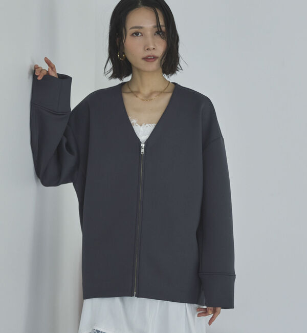 Doux archives「ボンディングノーカラーＺＩＰブルゾン」|テーラードジャケット|