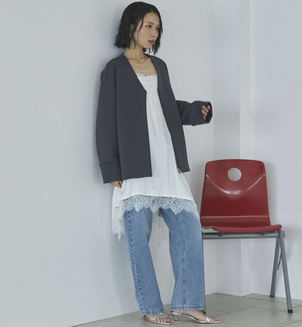 Doux archives「ボンディングノーカラーＺＩＰブルゾン」|テーラードジャケット|