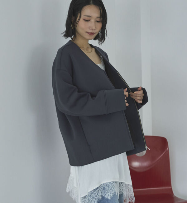 Doux archives「ボンディングノーカラーＺＩＰブルゾン」|テーラードジャケット|