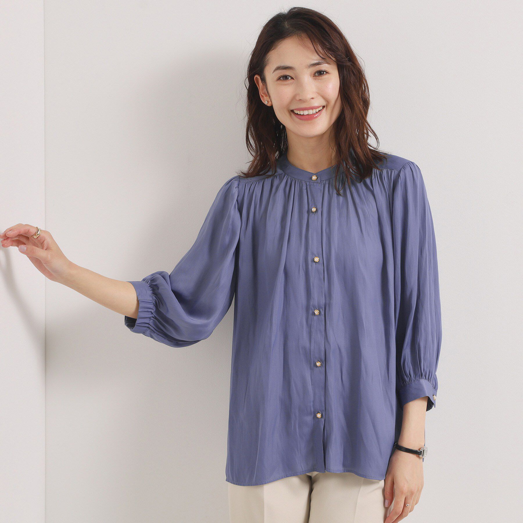 ITS&rsquo;DEMO「【手洗い可】サテン7分袖ブラウス」|シャツ・ブラウス|ブルー(092)