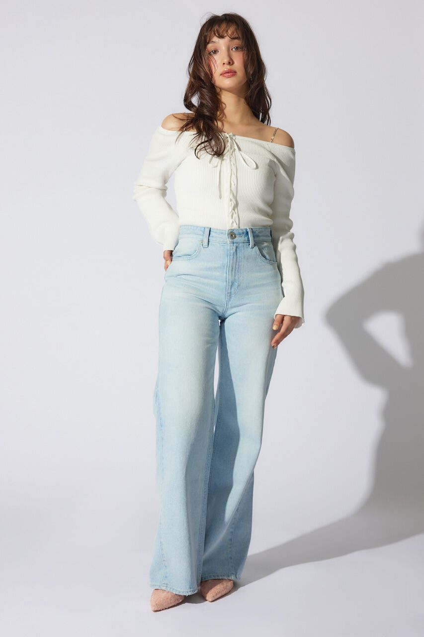 rienda「サイドVラインジャストウエストパンツ」|デニム|L/BLU1