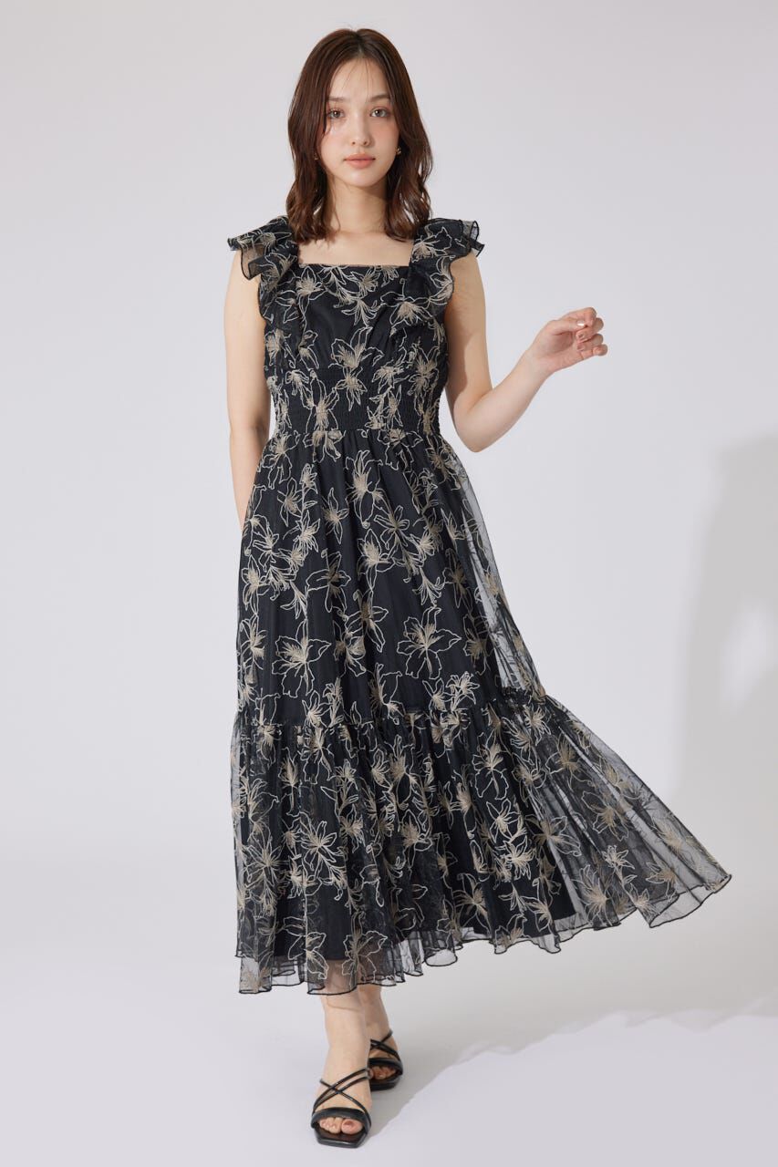 rienda「エンブロイダリーチュールフレアスリーブワンピース」|ワンピース|BLK