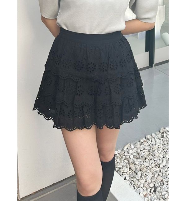 MERCURYDUO「スカラップレースティアードスカパン」|スカート|ブラック