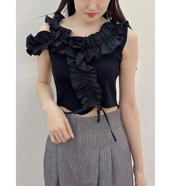 MERCURYDUO「異素材シャーリングフリルニット」|ニット・セーター|