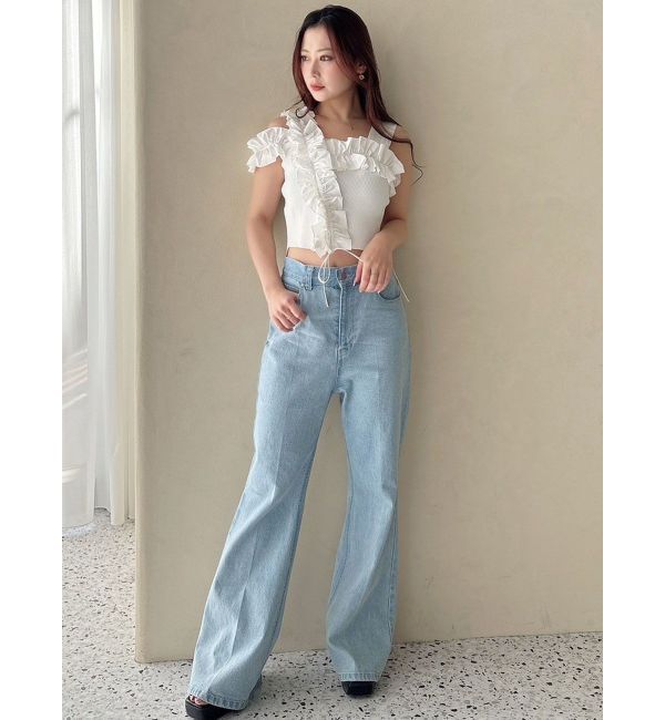 MERCURYDUO「異素材シャーリングフリルニット」|ニット・セーター|