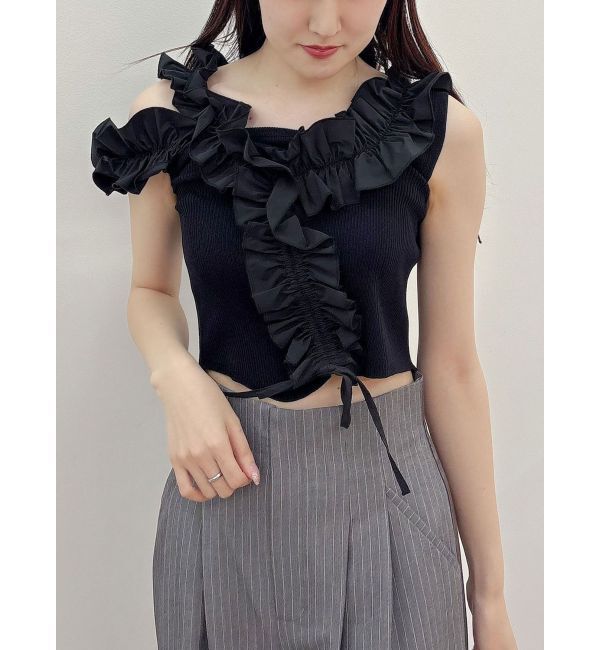 MERCURYDUO「異素材シャーリングフリルニット」|ニット・セーター|ブラック