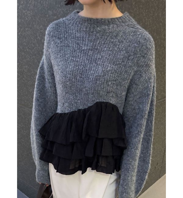 LAGUNAMOON「フリルドッキングペプラムニットプルオーバー」|ニット・セーター|チャコールグレー