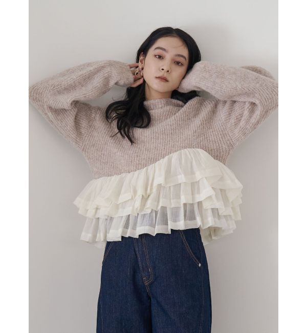LAGUNAMOON「フリルドッキングペプラムニットプルオーバー」|ニット・セーター|ベージュ