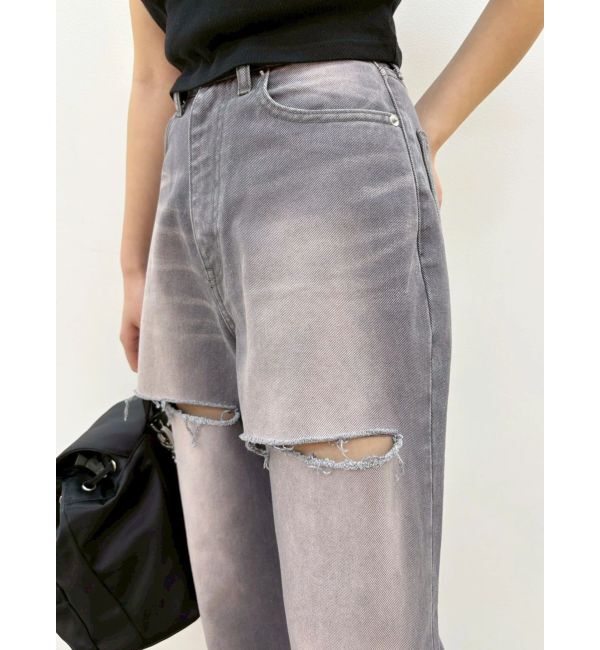 EVRIS「ヴィンテージライクフロントスラッシュワイドパンツ」|デニム|