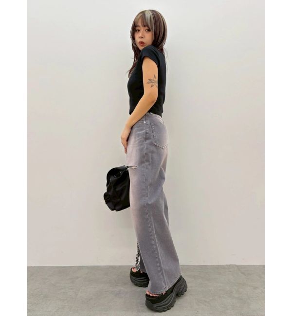 EVRIS「ヴィンテージライクフロントスラッシュワイドパンツ」|デニム|