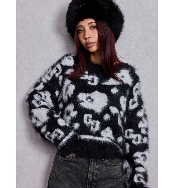 GYDA「GG Leopardシャギーショートニットトップス」|ニット・セーター|ブラック