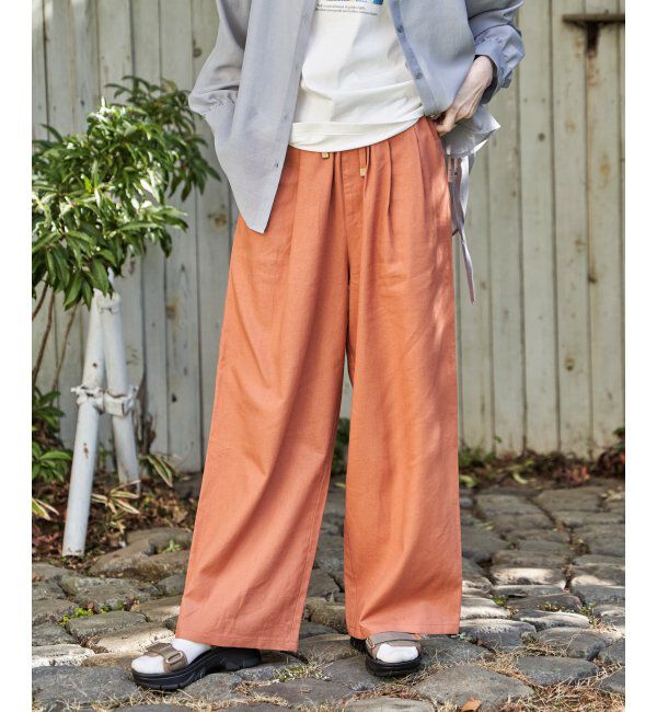 ikka「麻混ベルト付きイージーパンツ」|その他|オレンジ