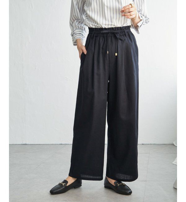 ikka「麻混ベルト付きイージーパンツ」|その他|ネイビーブルー