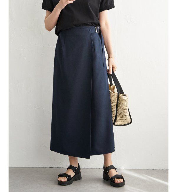 IKKA LOUNGE「バックル付きラップ風スカート」|スカート|ネイビーブルー