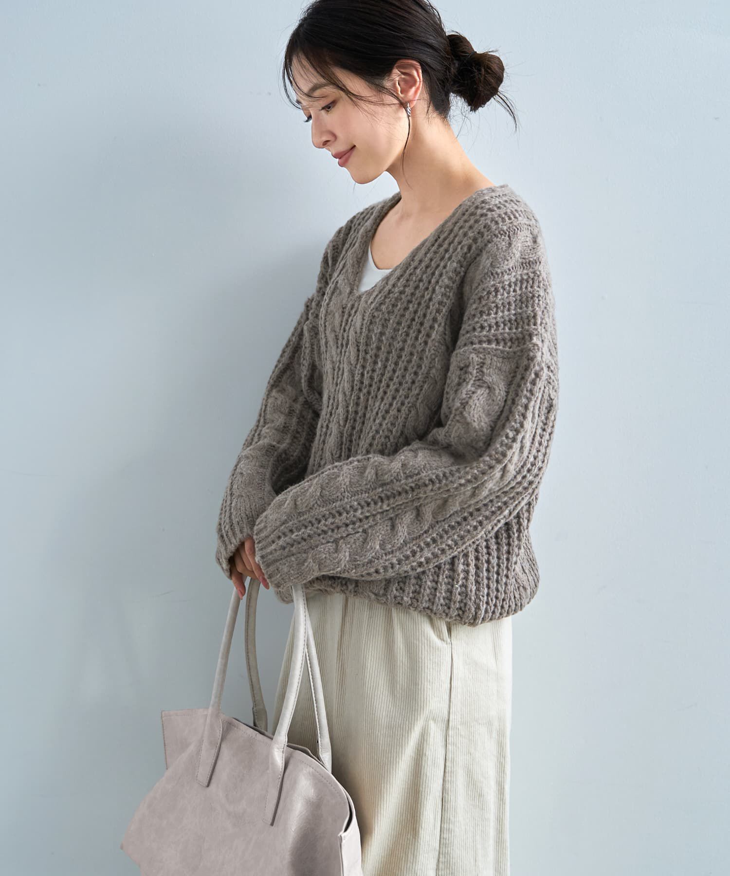 STYLE DELI「ざっくりケーブル編みVネックニット」|ニット・セーター|
