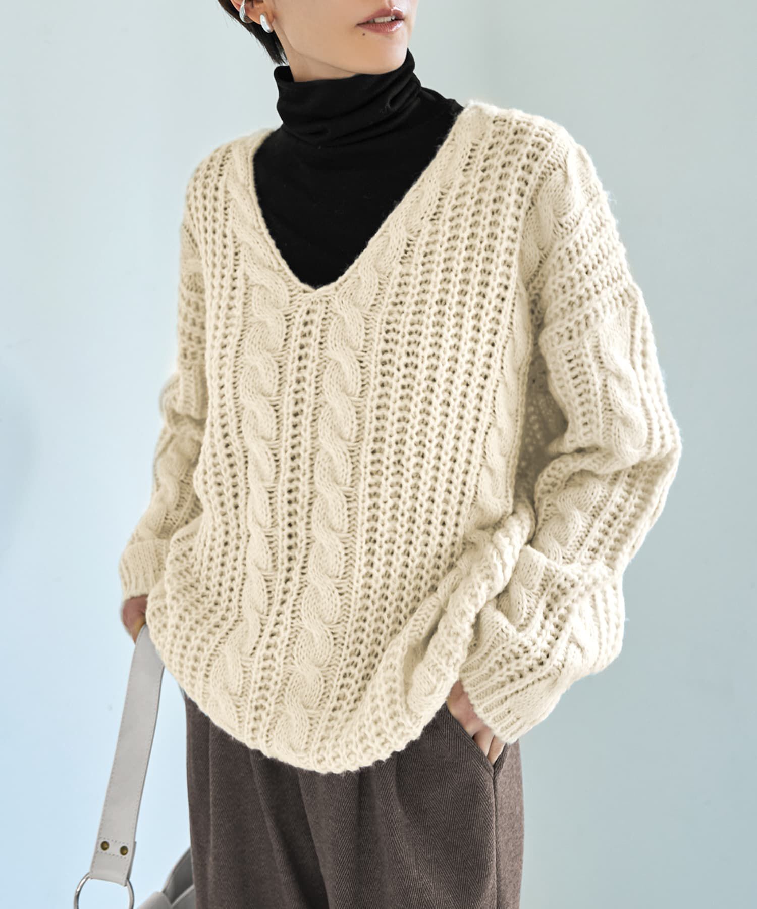 STYLE DELI「ざっくりケーブル編みVネックニット」|ニット・セーター|アイボリー