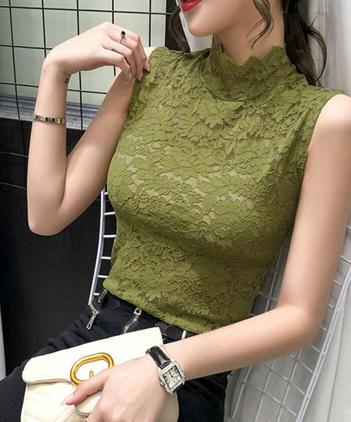 BACKYARD FAMILY「ハイネック レース タンクトップ 通販 ノースリーブ 透け感 トップス ハイネックレースインナー」|その他|