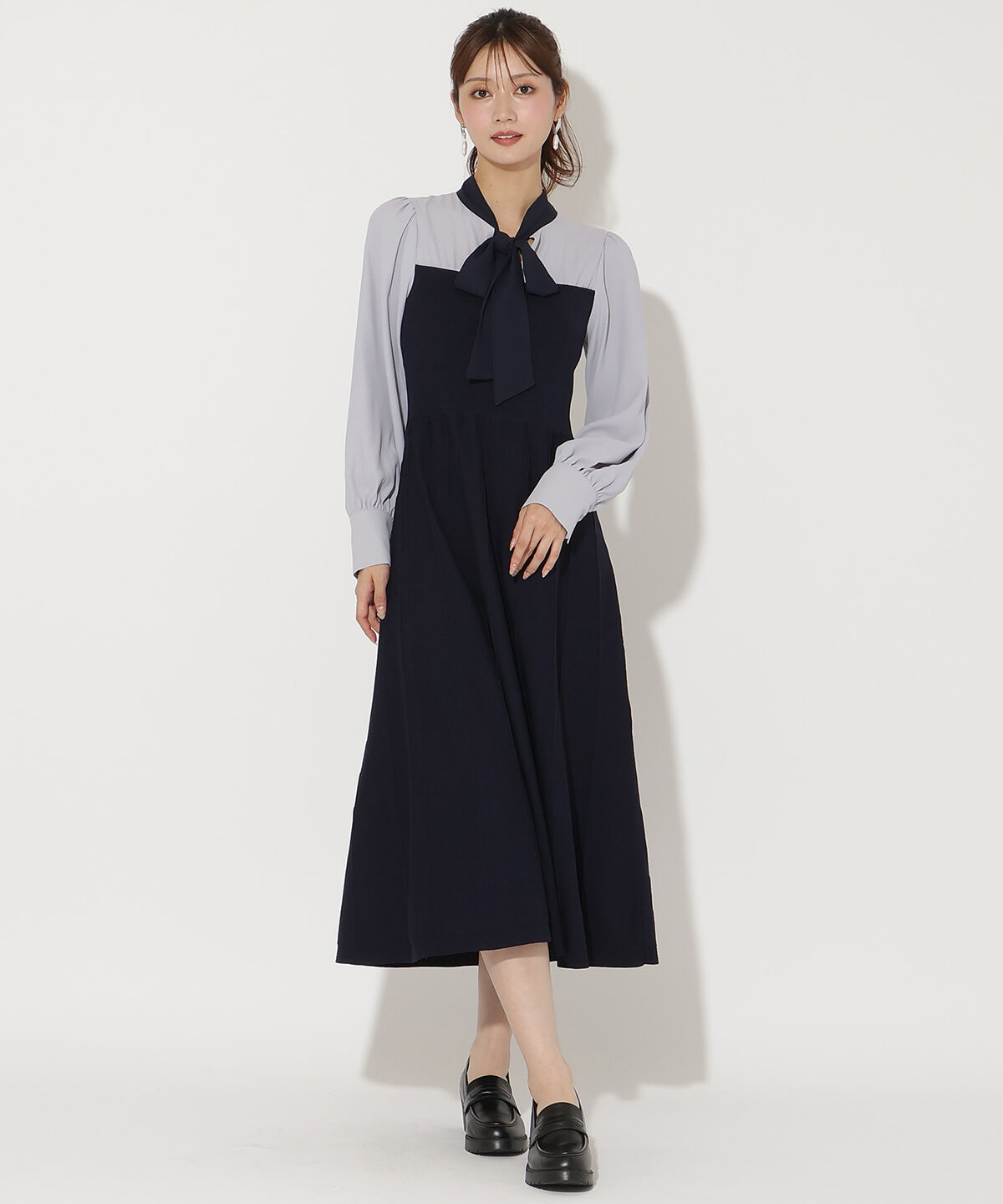 アンドクチュール「ニットビスチェ風リボンタイワンピース」|ワンピース|ネイビー