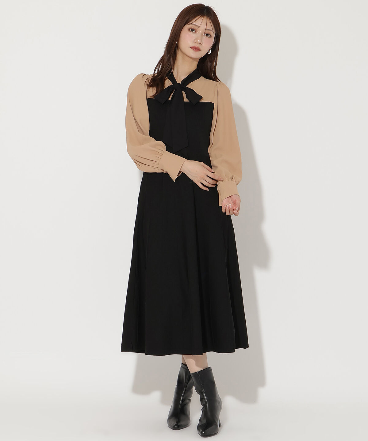 アンドクチュール「ニットビスチェ風リボンタイワンピース」|ワンピース|ブラック