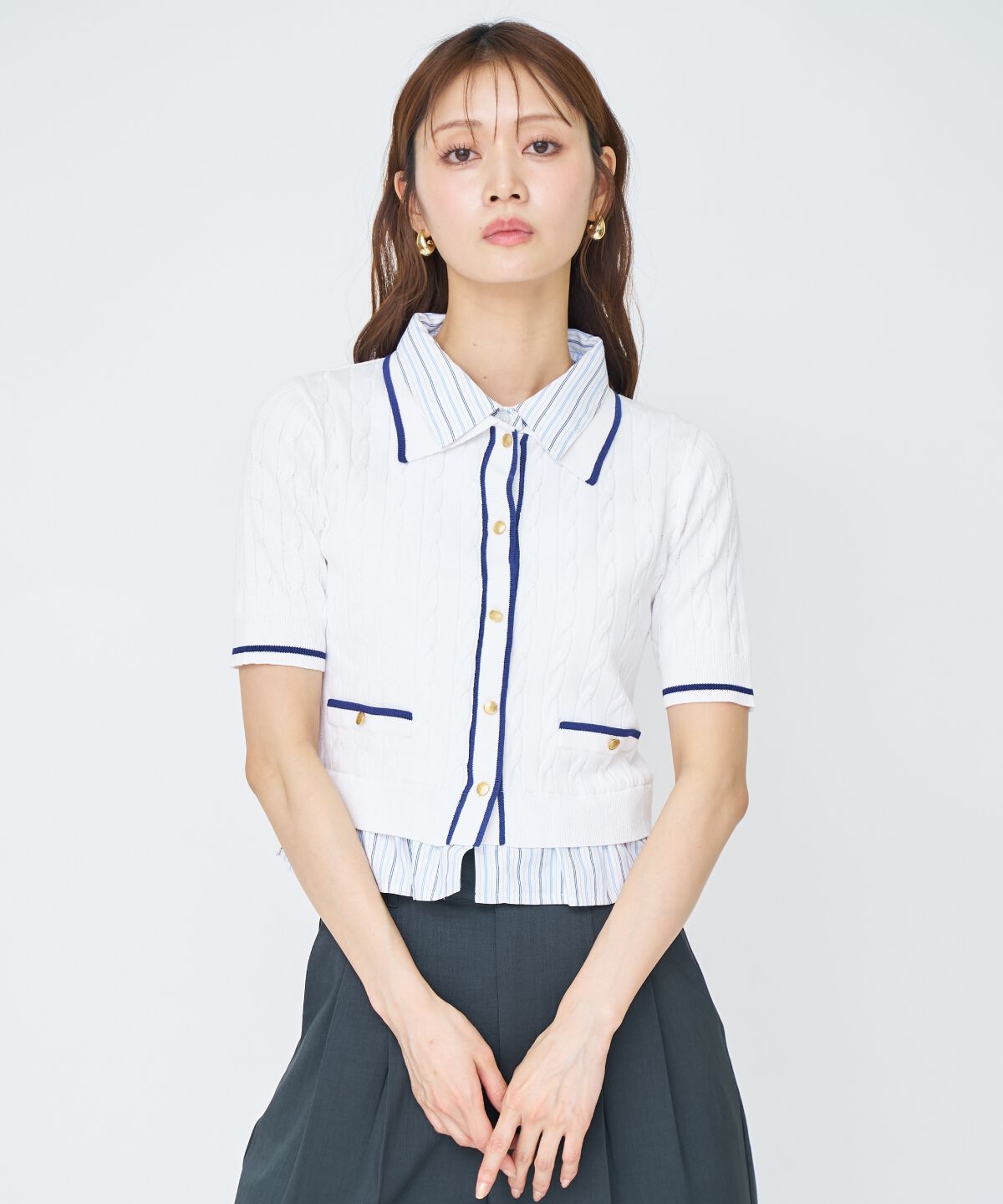 アンドクチュール「配色シャツ襟ペプラムニットプルオーバー」|ニット・セーター|