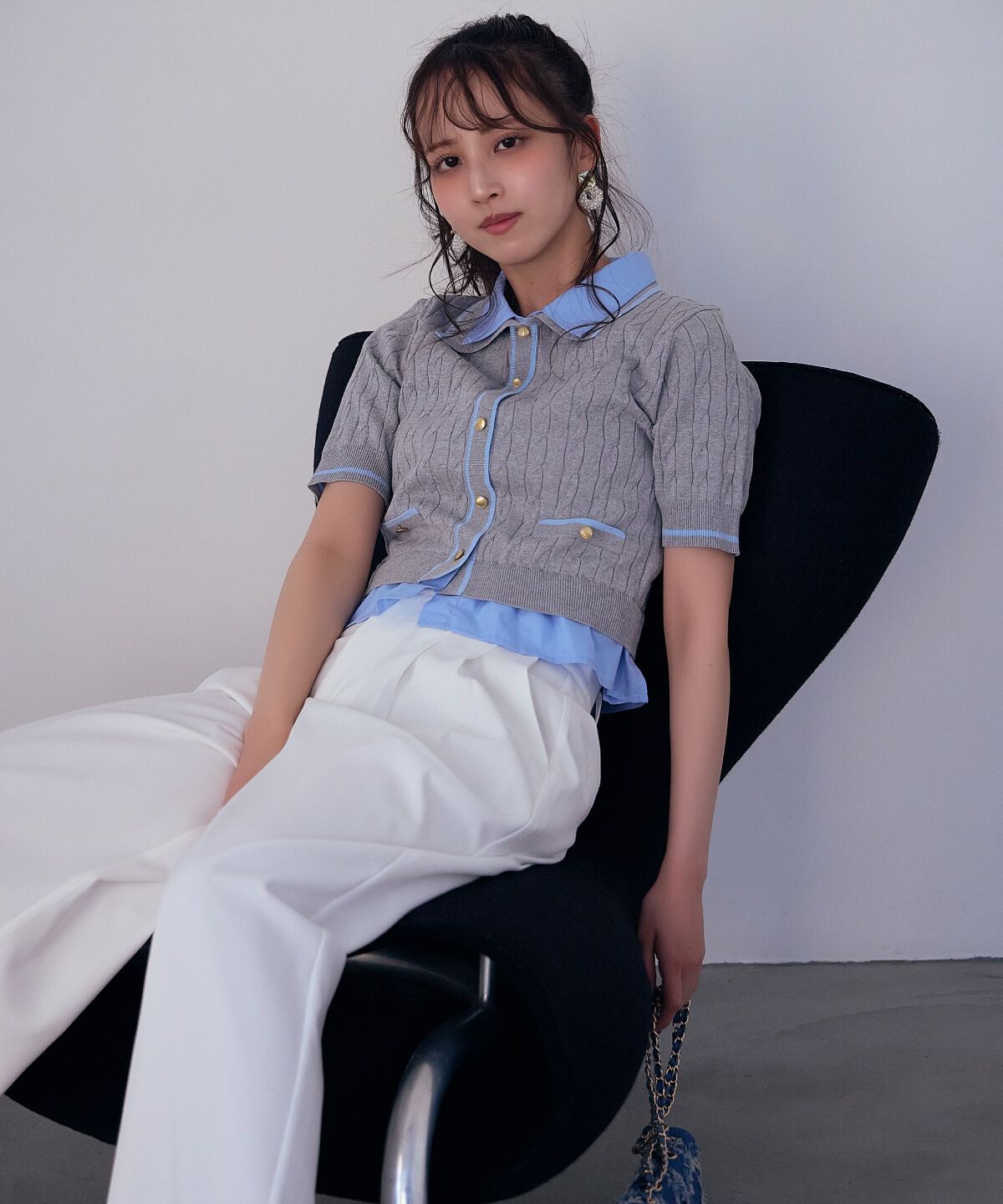 アンドクチュール「配色シャツ襟ペプラムニットプルオーバー」|ニット・セーター|