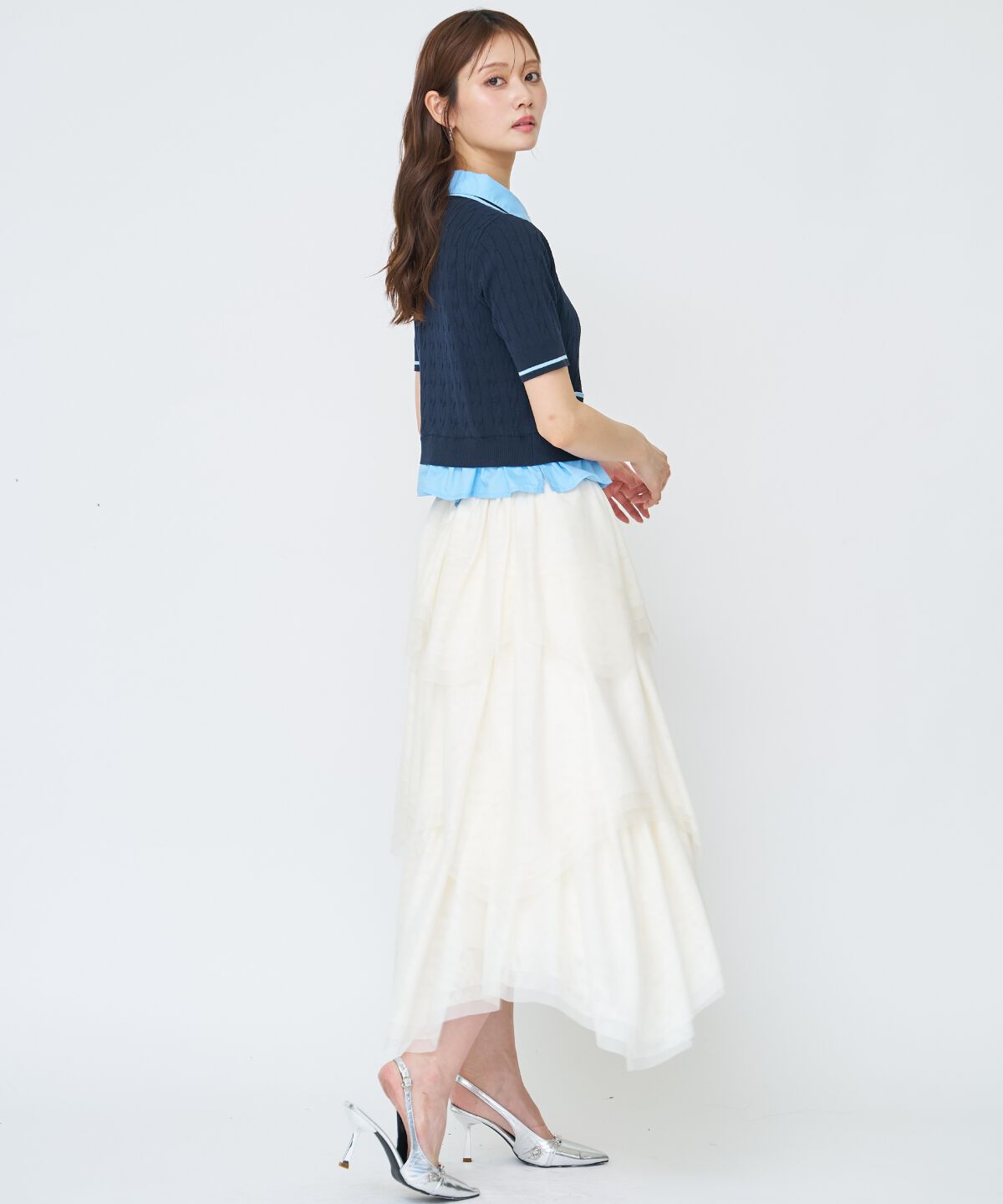 アンドクチュール「配色シャツ襟ペプラムニットプルオーバー」|ニット・セーター|