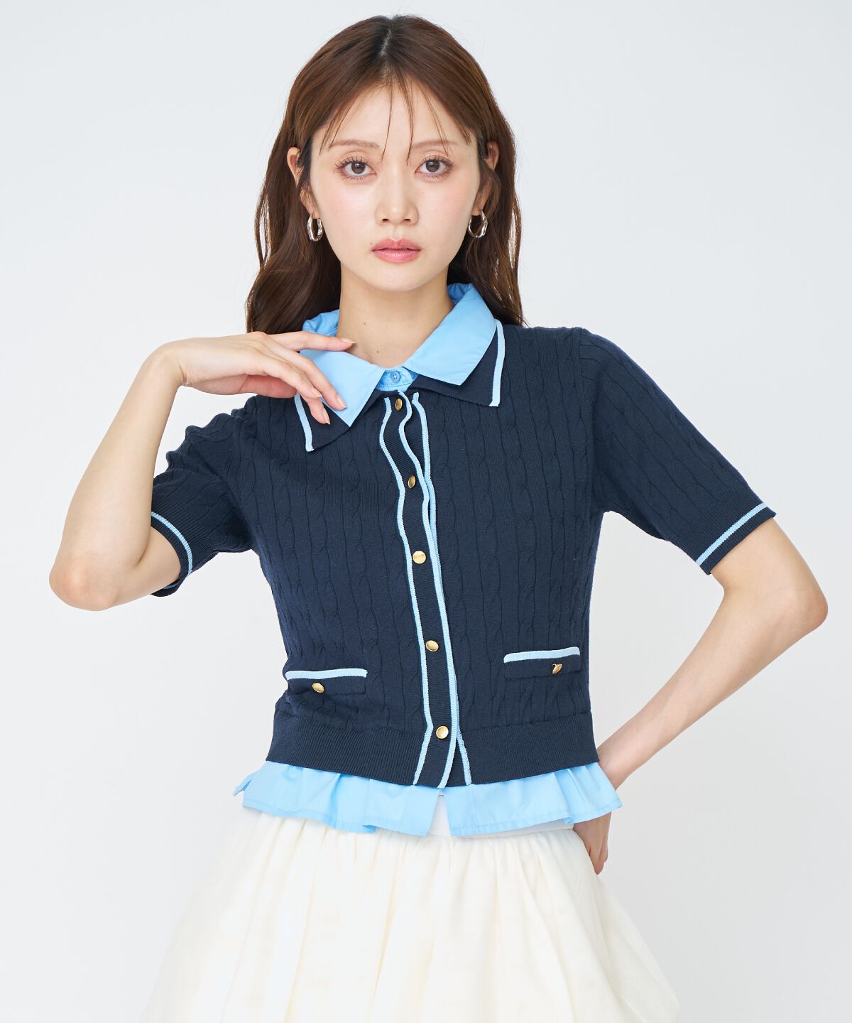 アンドクチュール「配色シャツ襟ペプラムニットプルオーバー」|ニット・セーター|