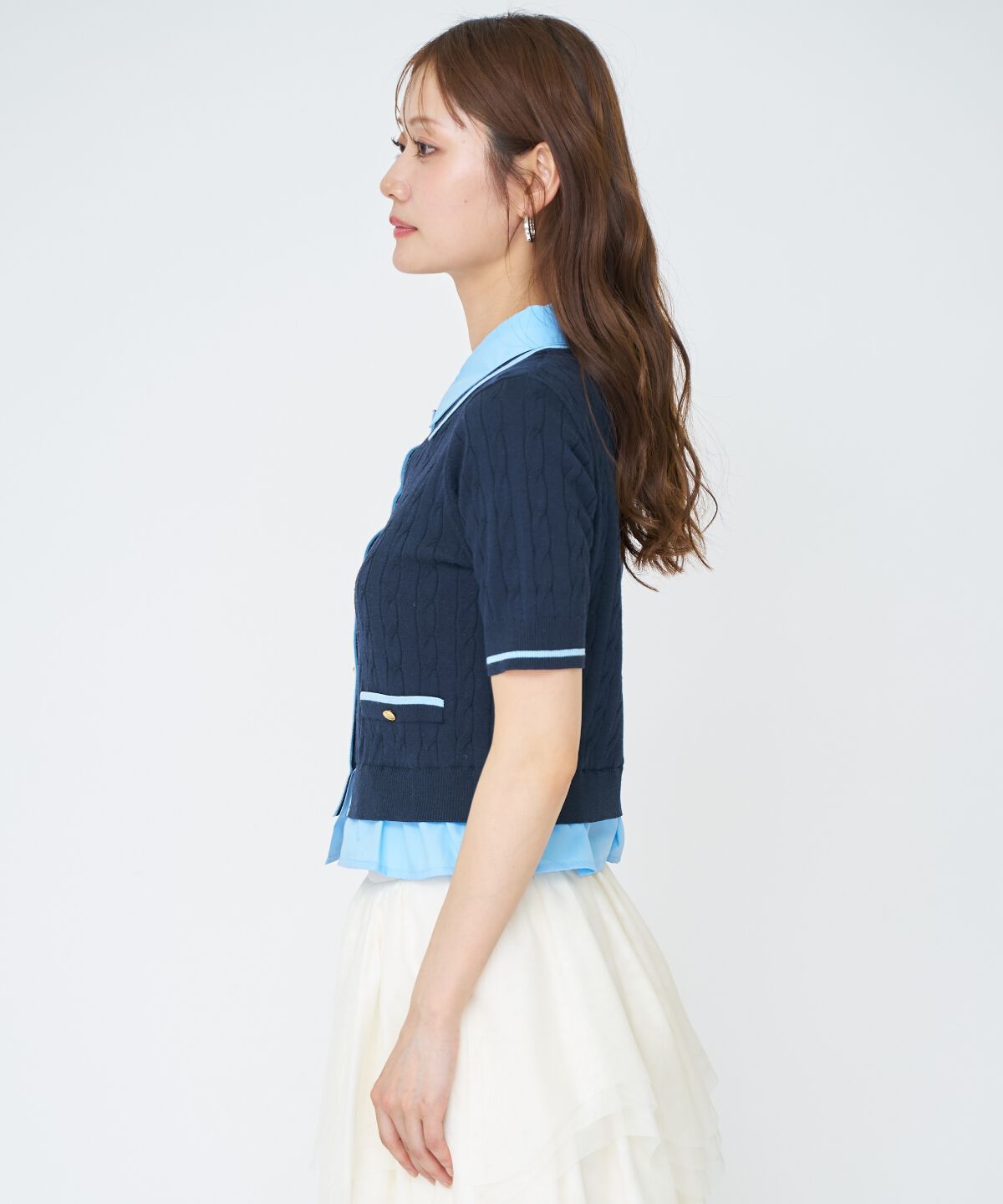 アンドクチュール「配色シャツ襟ペプラムニットプルオーバー」|ニット・セーター|