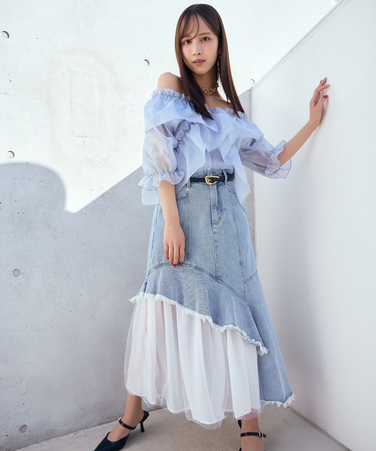 アンドクチュール「チュール切替デニムスカート」|スカート|