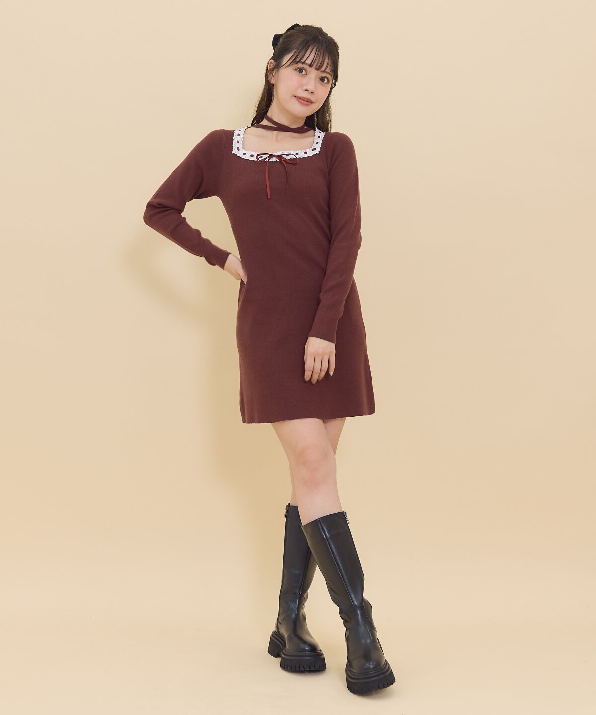 REDYAZEL「レーストリミングニットワンピース」|ワンピース|