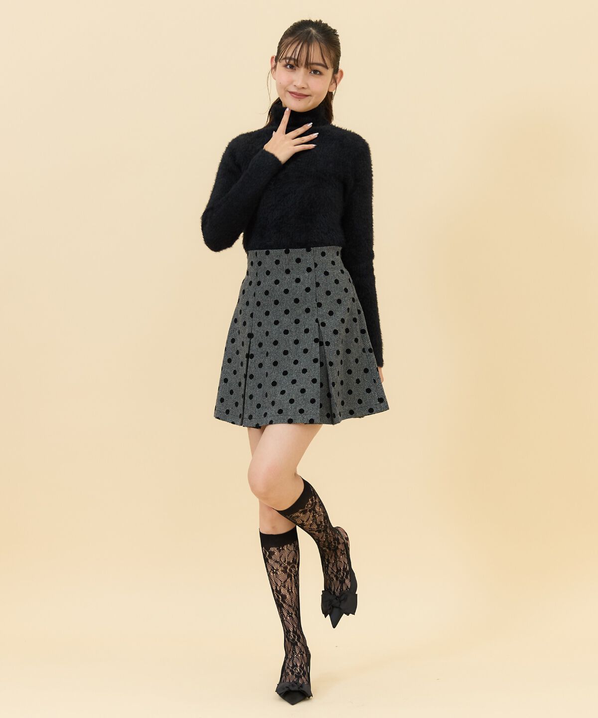 REDYAZEL「ドットフロッキーボックスプリーツミニスカート」|フレア|