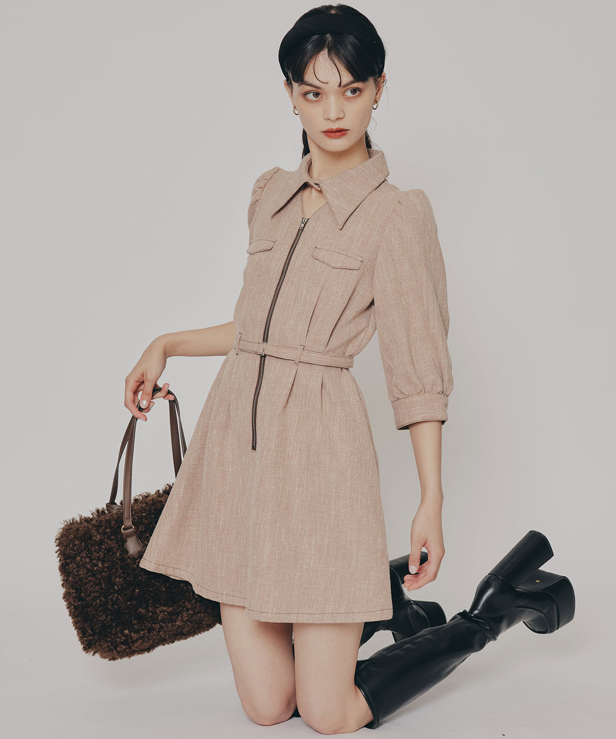 REDYAZEL「カラーミックスフロントZIPワンピース」|ワンピース|キャメル