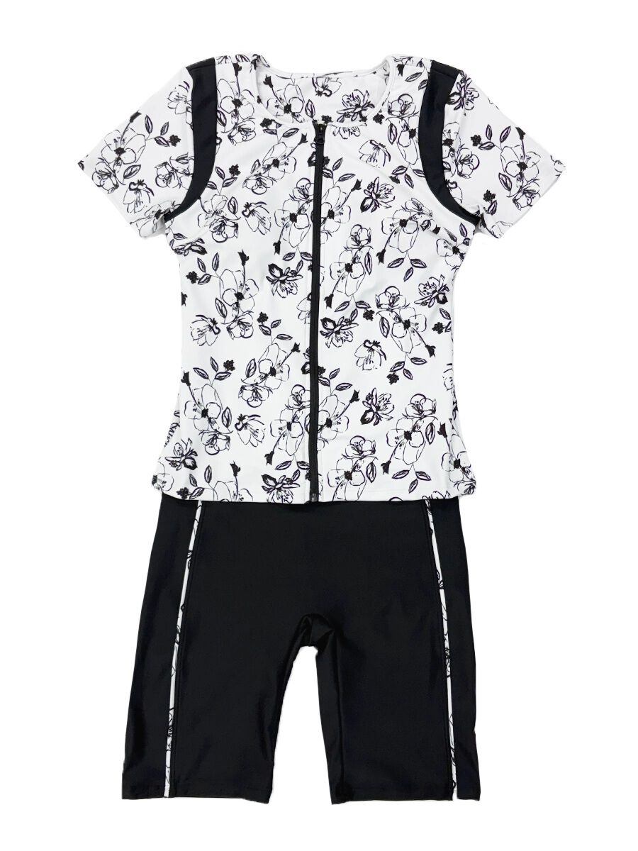 ALBOVE「モノクロ線画フラワー半袖フィットネス水着」|ビキニ|