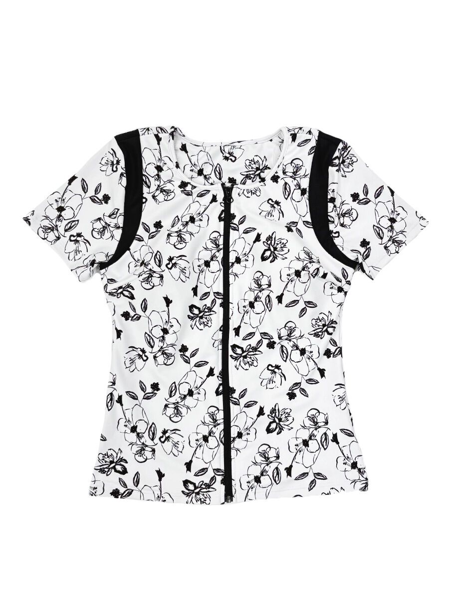 ALBOVE「モノクロ線画フラワー半袖フィットネス水着」|ビキニ|