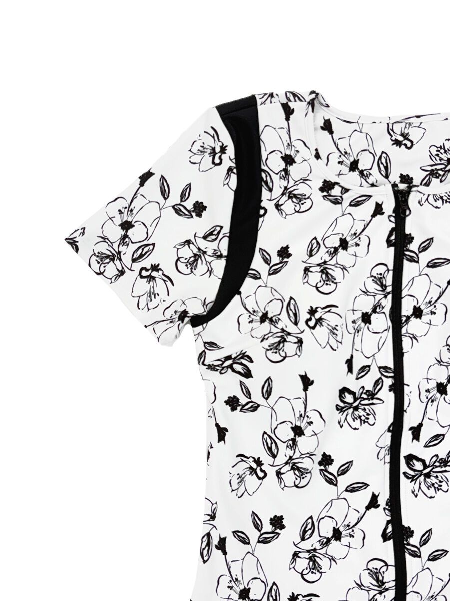 ALBOVE「モノクロ線画フラワー半袖フィットネス水着」|ビキニ|