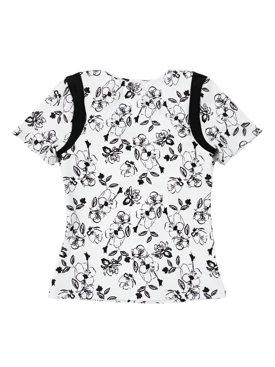 ALBOVE「モノクロ線画フラワー半袖フィットネス水着」|ビキニ|