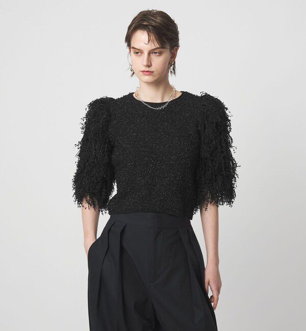 ASTRAET「＜ASTRAET＞ フリンジスリーブ クルーネックニット」|ニット・セーター|BLACK