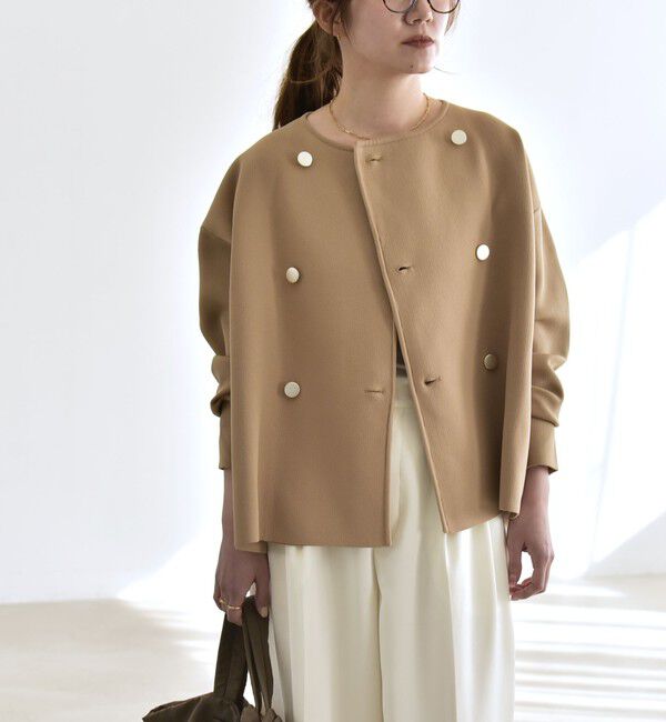 quaranciel「quaranciel:〈手洗い可能〉ニット ノーカラー ダブル ジャケット カーディガン」|カーディガン|