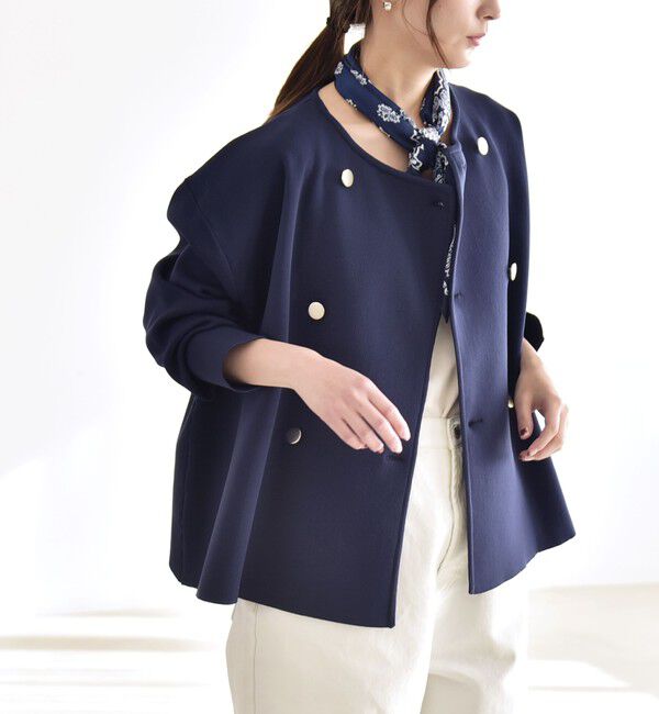 quaranciel「quaranciel:〈手洗い可能〉ニット ノーカラー ダブル ジャケット カーディガン」|カーディガン|