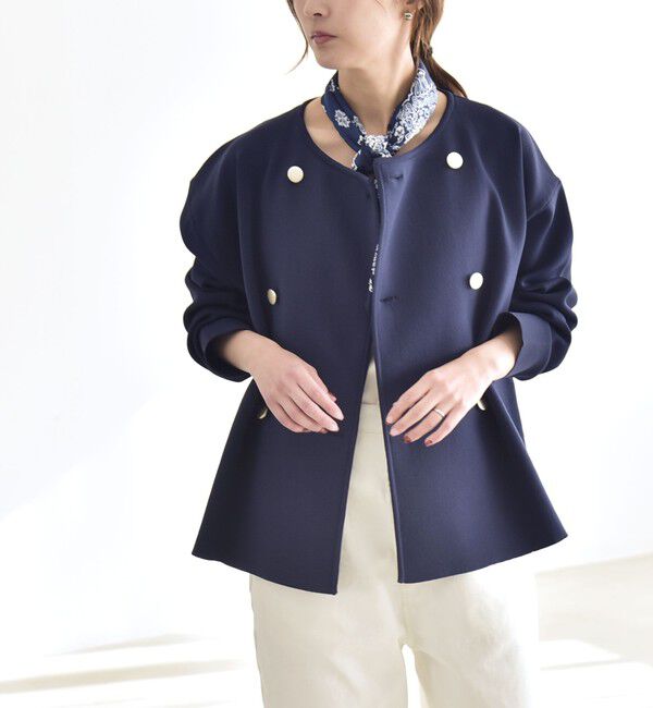 quaranciel「quaranciel:〈手洗い可能〉ニット ノーカラー ダブル ジャケット カーディガン」|カーディガン|