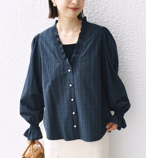SHIPS for women「【WEB限定】〈手洗い可能〉 シャーリング Vネック 長袖 ブラウス」|シャツ・ブラウス|